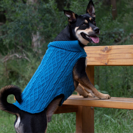 Ruff N Rugged Ocean Wooley Knit Dog Coat On Side Of Dog