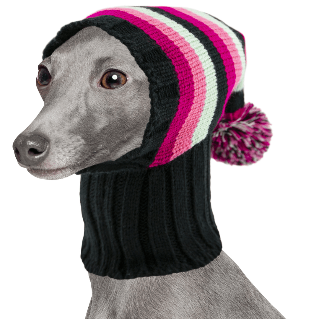 Wriggley Diggley Pink Striped Pom Pom Dog Snood Hood - My Pooch and Me
