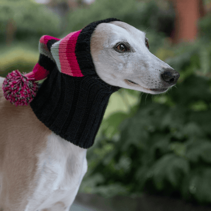 Wriggley Diggley Pink Striped Pom Pom Dog Snood Hood - My Pooch and Me