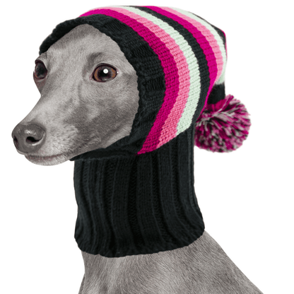 Wriggley Diggley Pink Striped Pom Pom Dog Snood Hood - My Pooch and Me
